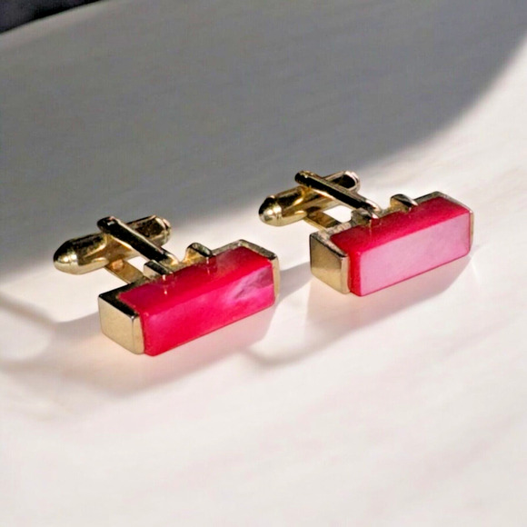Vintage Gold Tone Glass Stone Red/Pink Rectangle Cufflinks Markers Mark "S" - Picture 5 of 7